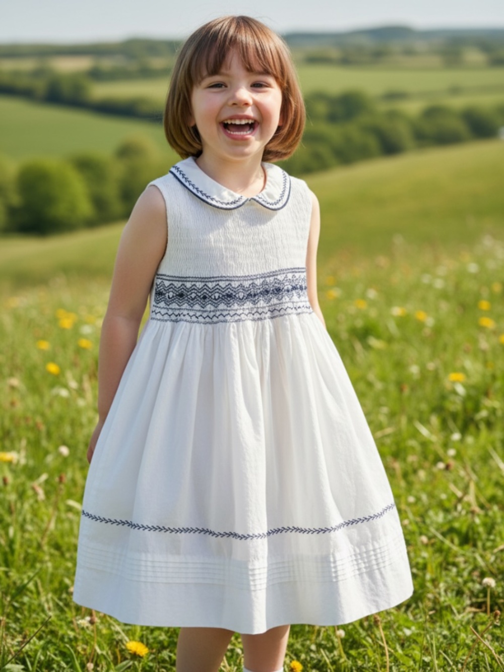 Pettigirl Smocked Dress Girls Sz 5 5T White Blue Embroidered Peter Pan Collar